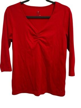 Isaac Mizrahi Pima Cotton Blend 100% Cotton Bright Red V-Neck 3/4 Sleeve Tee S